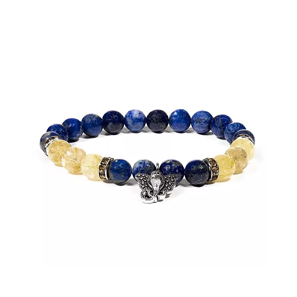 Pulsera de Lapislázuli y Cuarzo Rutilado con Ganesha. Usos, Beneficios y Chakras