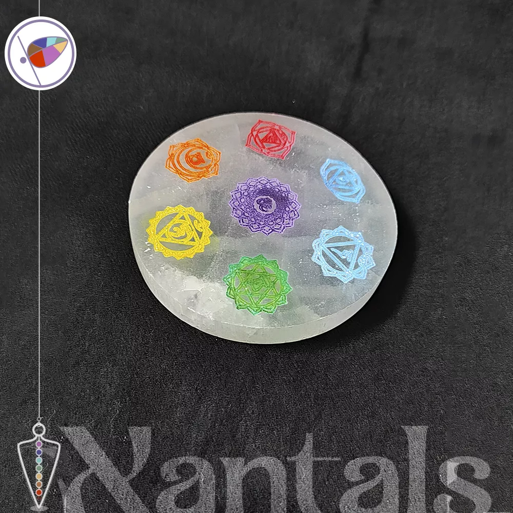 Placa de Selenita con Símbolos de los 7 Chakras