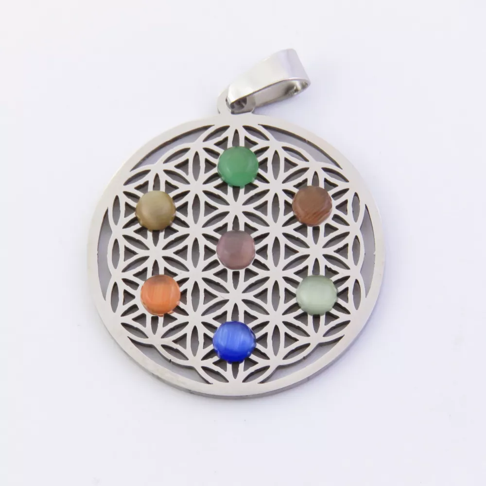 Collar de Flor de la Vida con Piedras de Chakras en Ojo de Gato